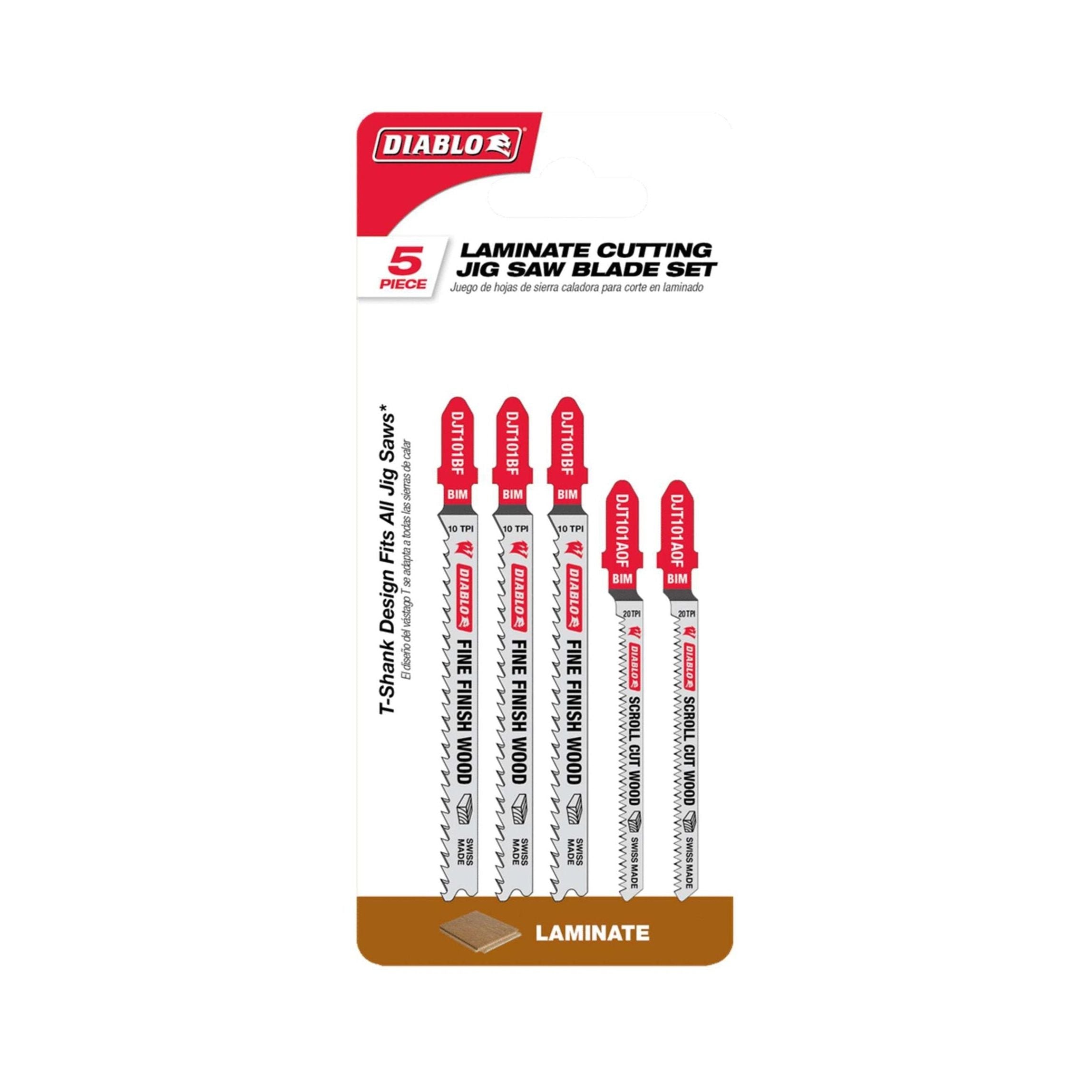 The DIABLO DJT505 Bi-Metal Jig Saw Blade Set includes five ultra-hardened blades designed for precise laminate cuts. Featuring a 5 Piece set labeled Fine Finish Wood, the T-shank design is highlighted by red caps at the top.